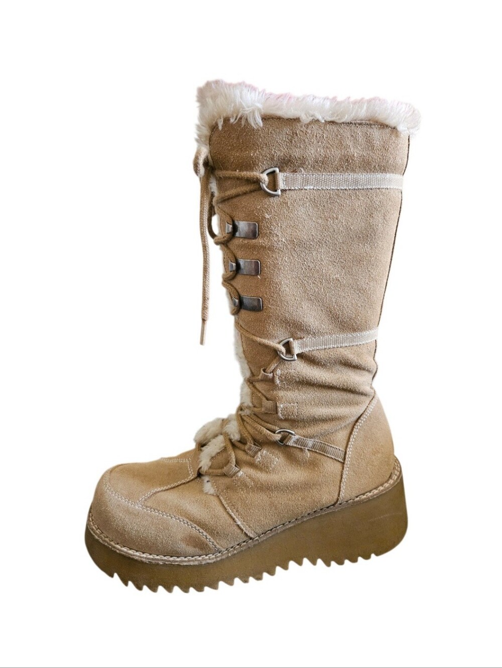 Vintage Y2K Ellemenno Klondike Tan -Suede Lace-Up Platform Winter Boots 9.5